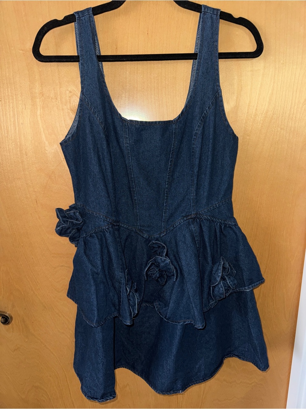 Dark Denim Sleeveless Peplum Dress with 3D Floral Accents